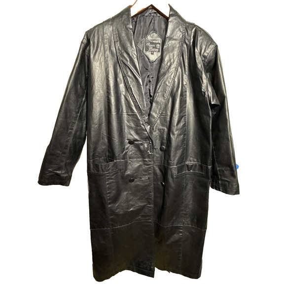 marco morani Jackets & Blazers - Vintage Long Black Leather Coat Women's Size L Double Breasted Patchwork Style